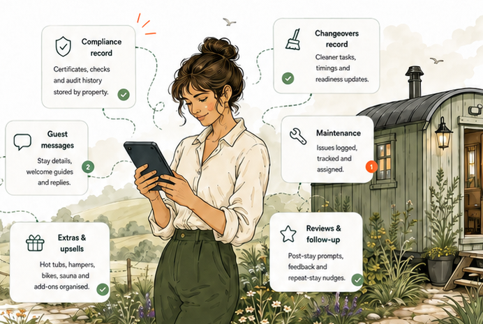 Illustrated rural hospitality host using GathersGround beside a shepherd hut with compliance, changeover and guest message cards